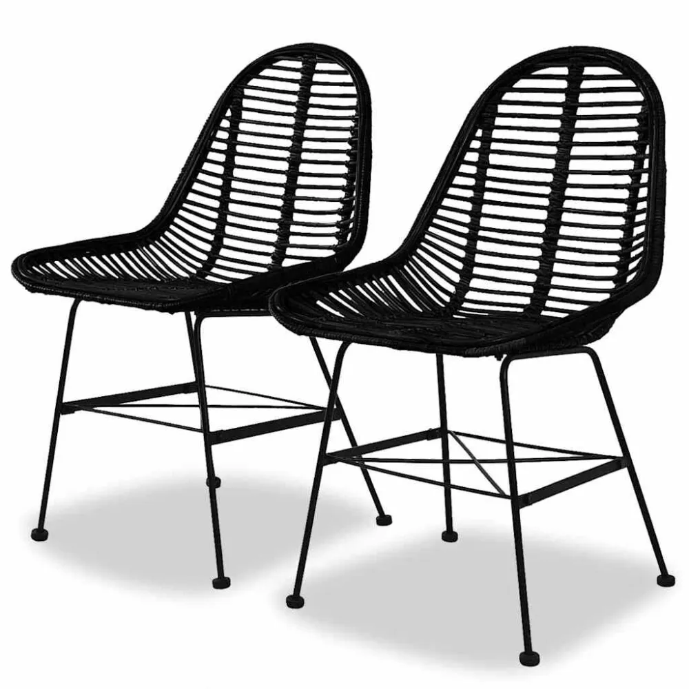 Sedie da Pranzo 2 pz Nere Rattan Naturale