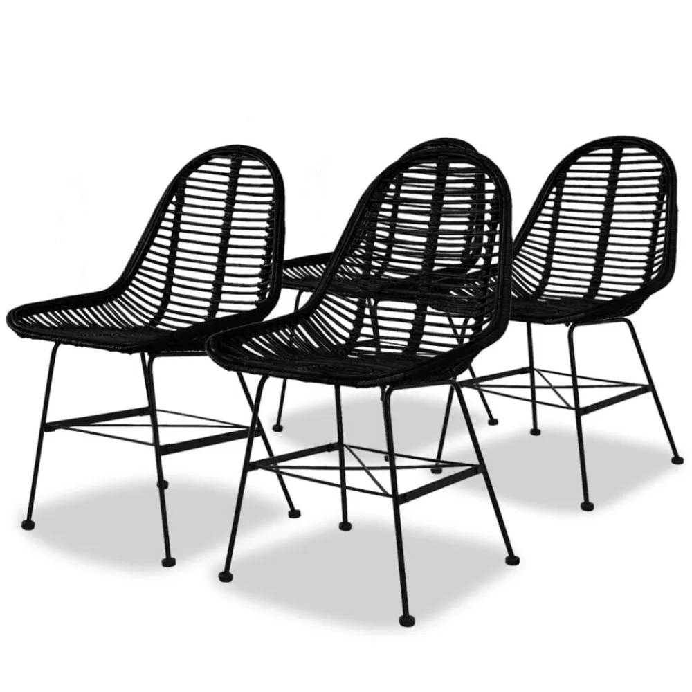 Sedie da Pranzo 4 pz Nere Rattan Naturale