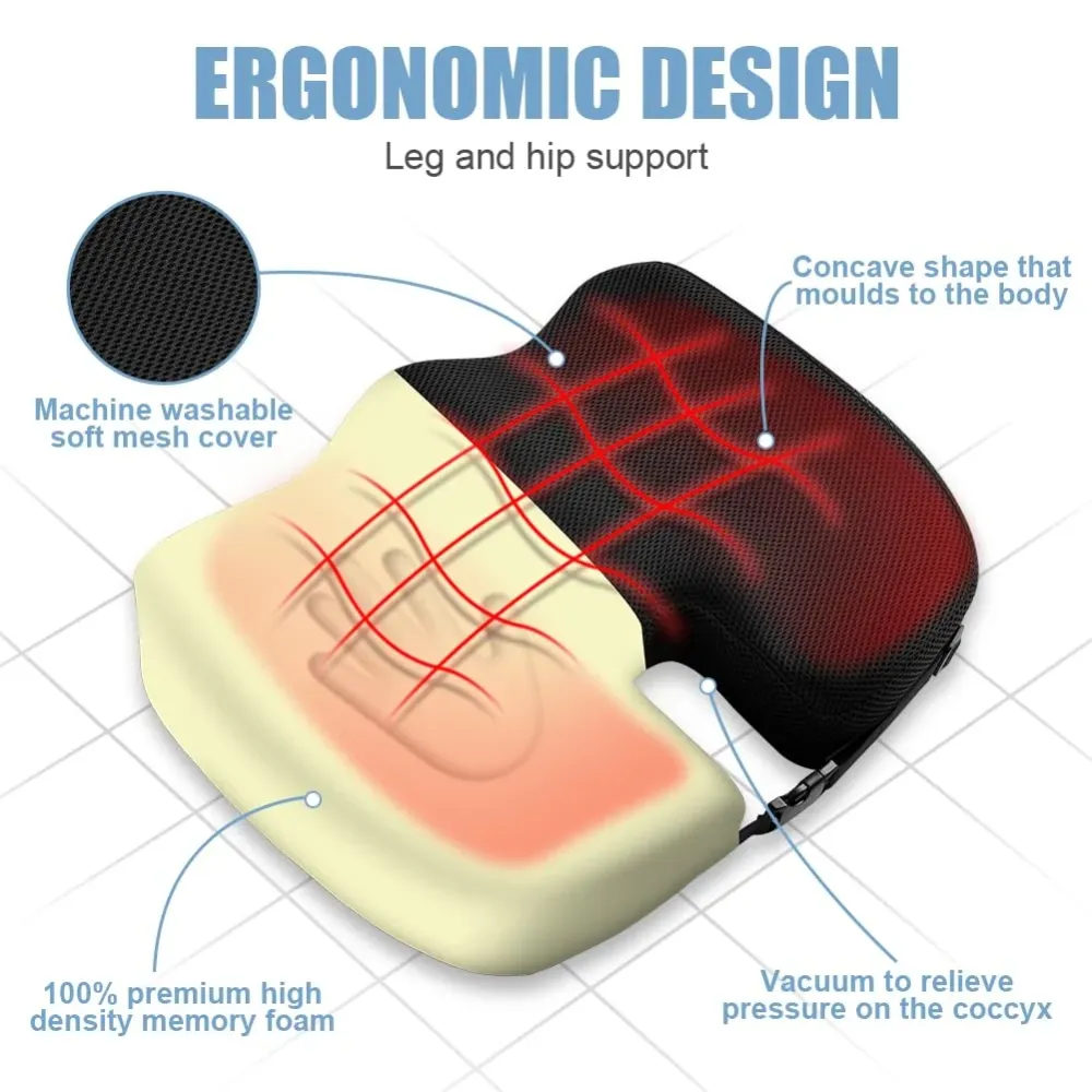 Ainiv Cuscino del Sedile Memory Foam, Cuscino del Coccige Antiscivolo Regolabile per Seggiolino Auto, Sedia da Ufficio o S...