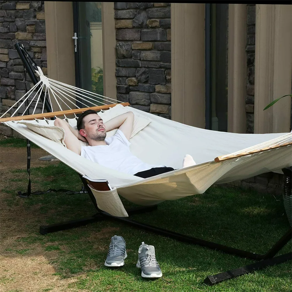 Amaca con telo stoffa e barre trasversali legno, Da giardino, fino 300 kg
