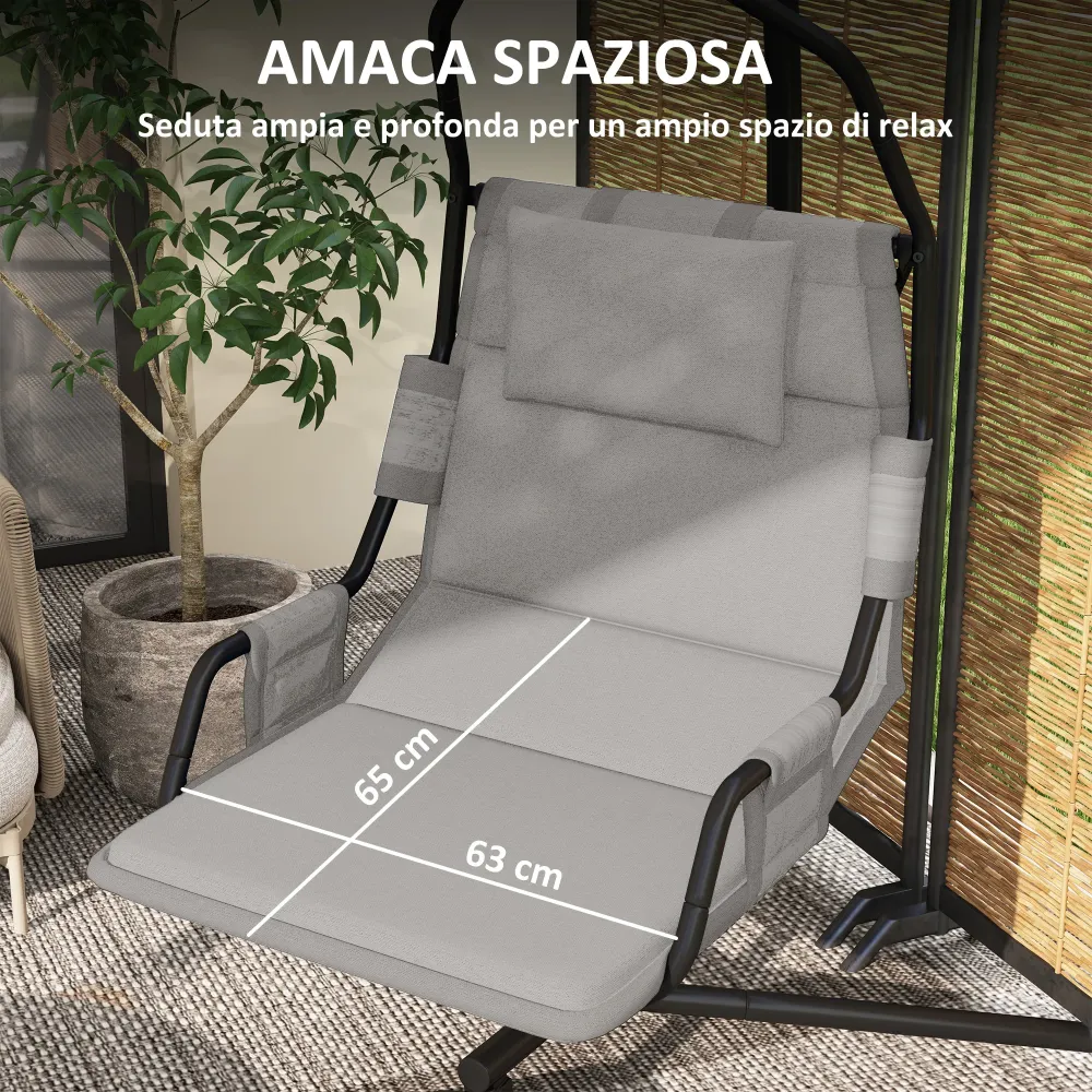 Amaca Dondolo 118x98x192 cm Imbottita con Cuscino Acciaio e Poliestere Grigio e Nero