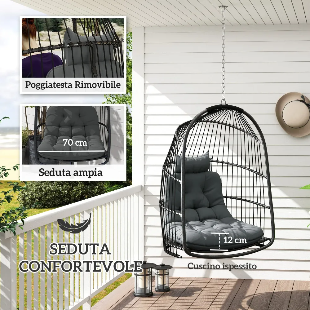 Amaca Poltrona Sospesa Dondolo Pieghevole 74x68x105A cm da Interno ed Esterno Grigio Scuro