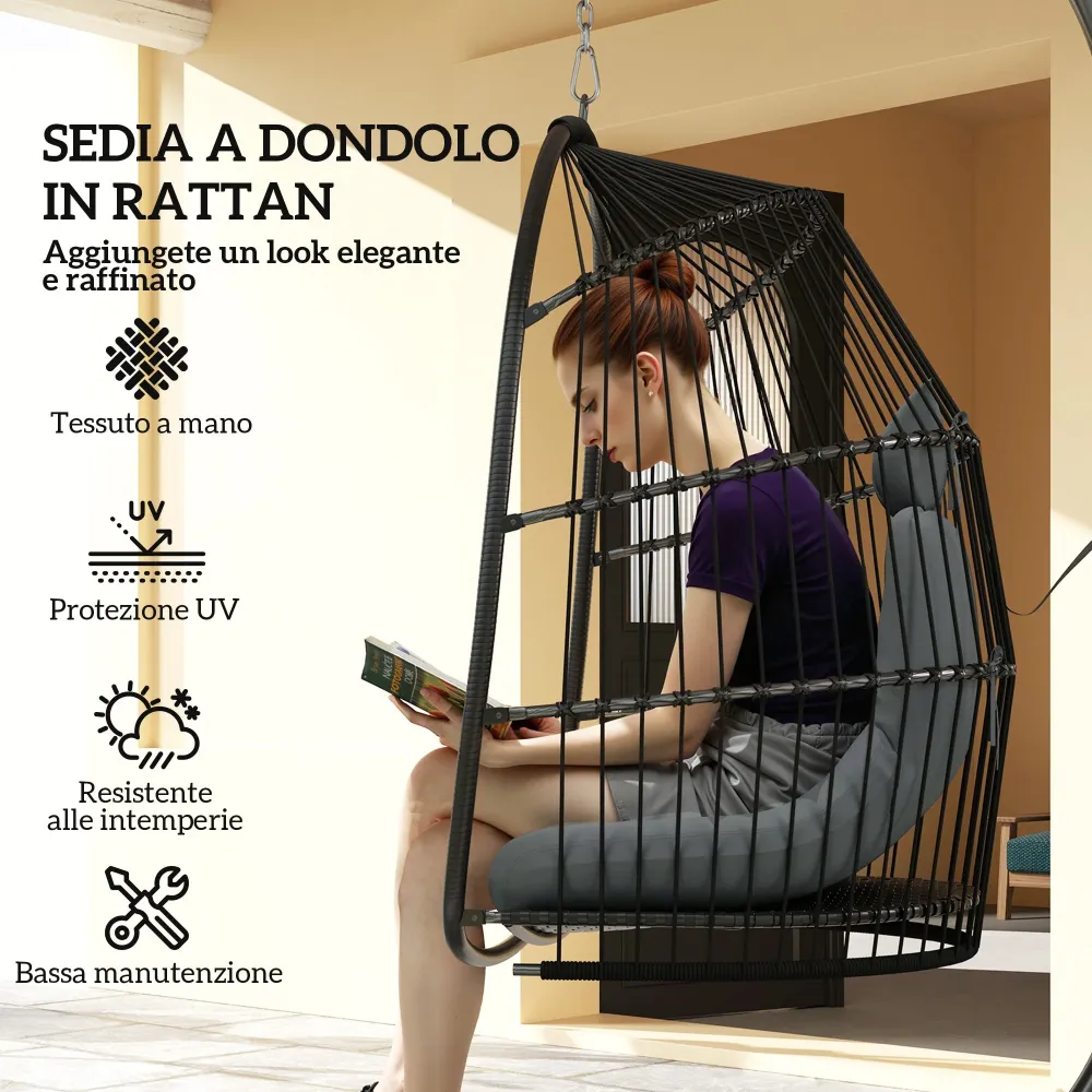 Amaca Poltrona Sospesa Dondolo Pieghevole 74x68x105A cm da Interno ed Esterno Grigio Scuro