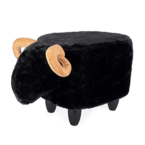 Balvi Sgabello Le Mouton Colore Nero Forma di Pecora Gambe Legno Poliestere/Legno