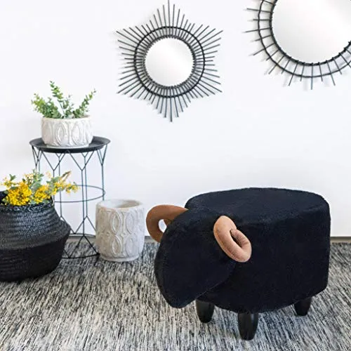 Balvi Sgabello Le Mouton Colore Nero Forma di Pecora Gambe Legno Poliestere/Legno