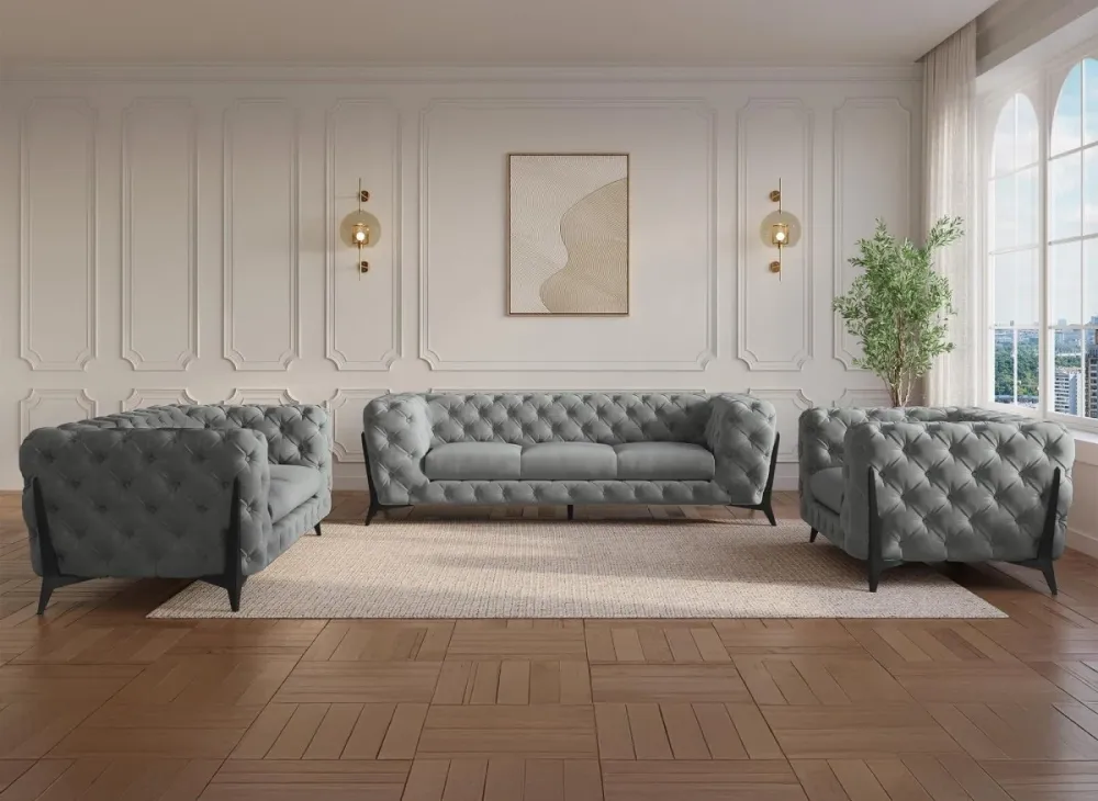Poltrona imbottita Chesterfield velluto grigio CARMEN CABO