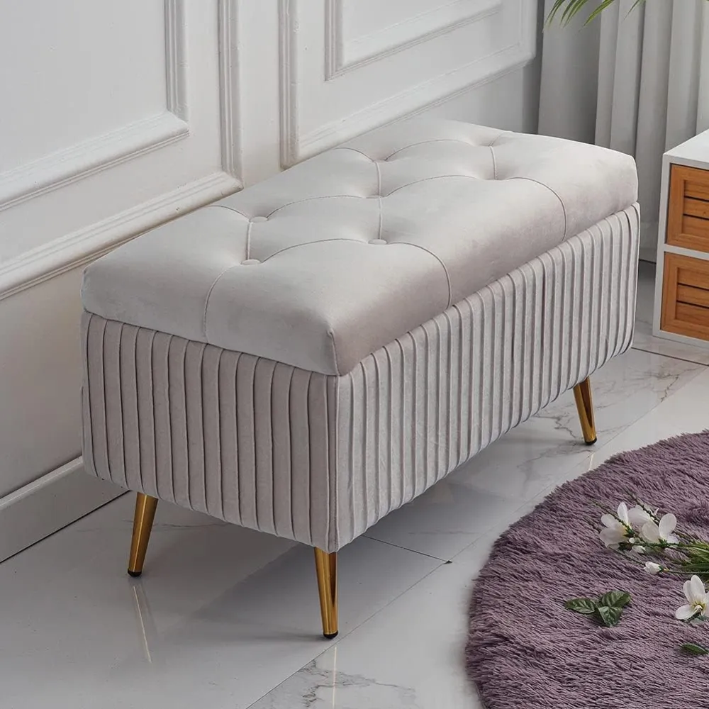 Cassapanca Pouf Contenitore Panca Sgabello Tessuto Velluto 80x40 H45cm Grigio