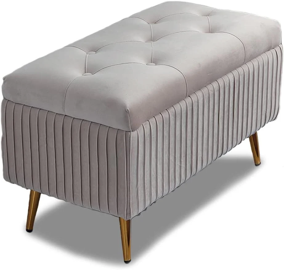 Cassapanca Pouf Contenitore Panca Sgabello Tessuto Velluto 80x40 H45cm Grigio