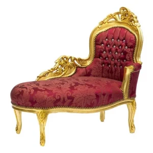Chaise longue divanetto barocco legno color oro tessuto rosso gemme incastonate cm 105x60x95h