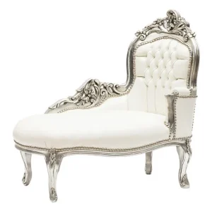Chaise longue divanetto barocco legno color argento ecopelle bianca cm 105x60x95h