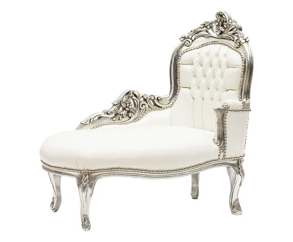 Chaise longue divanetto barocco legno color argento ecopelle bianca cm 105x60x95h