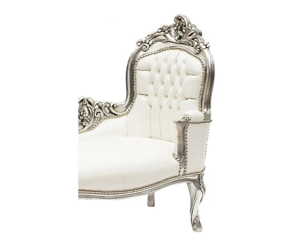 Chaise longue divanetto barocco legno color argento ecopelle bianca cm 105x60x95h