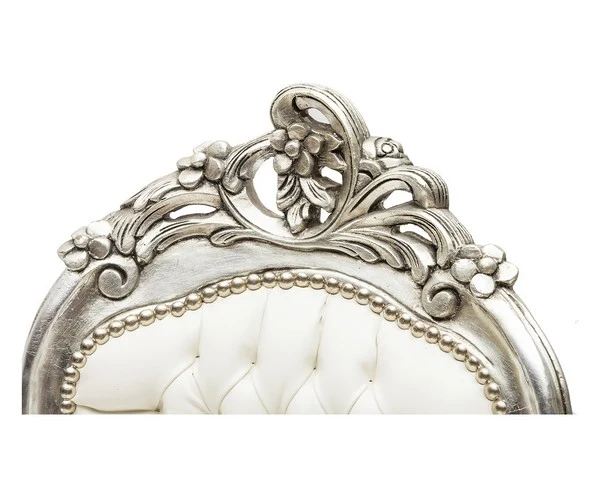 Chaise longue divanetto barocco legno color argento ecopelle bianca cm 105x60x95h