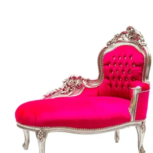 Chaise longue divanetto barocco legno color argento tessuto fucsia gemme incastonate cm 105x60x95h