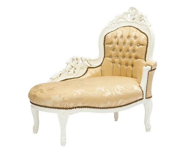 Chaise longue divanetto barocco legno colore bianco tessuto oro fiori gemme incastonate cm 105x60x95h