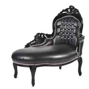 Chaise longue divanetto barocco legno ed ecopelle colore nero gemme incastonate cm 105x60x95h