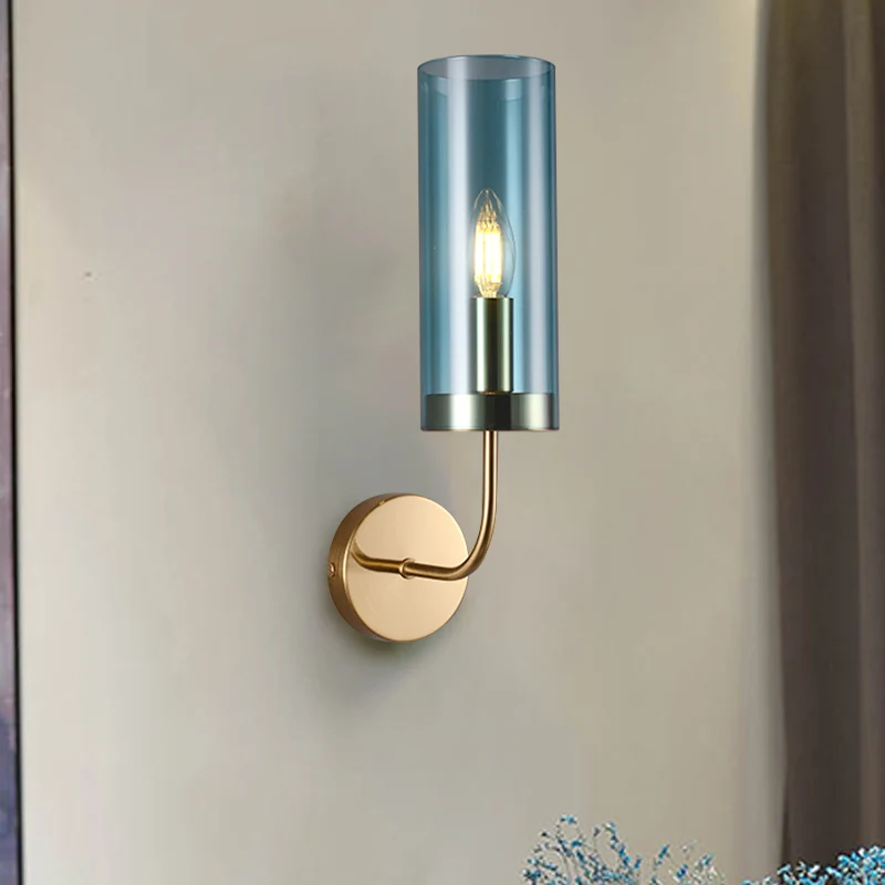 Lampada da parete per soggiorno 1/2 luci Lampada da parete ottone retrò con paralume cilindrico vetro champagne/azzurro Cl...