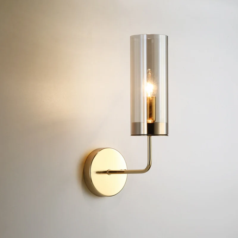 Lampada da parete per soggiorno 1/2 luci Lampada da parete ottone retrò con paralume cilindrico vetro champagne/azzurro Cl...