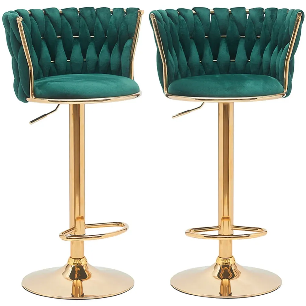 Coppia Sgabelli da Cucina Bar Schienale Intrecciato Velluto e Struttura Oro Verde