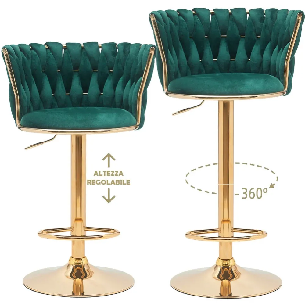 Coppia Sgabelli da Cucina Bar Schienale Intrecciato Velluto e Struttura Oro Verde