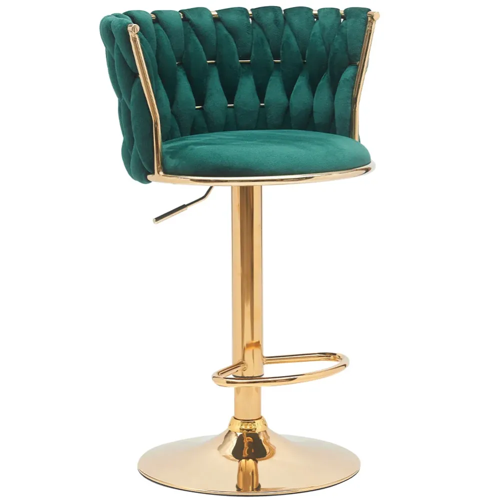 Coppia Sgabelli da Cucina Bar Schienale Intrecciato Velluto e Struttura Oro Verde