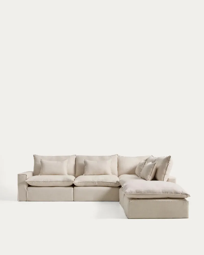 Divano angolare componibile Anarela 6 posti sfoderabile lino e viscosa beige, 347 x 307 cm, FSC Mix Credit