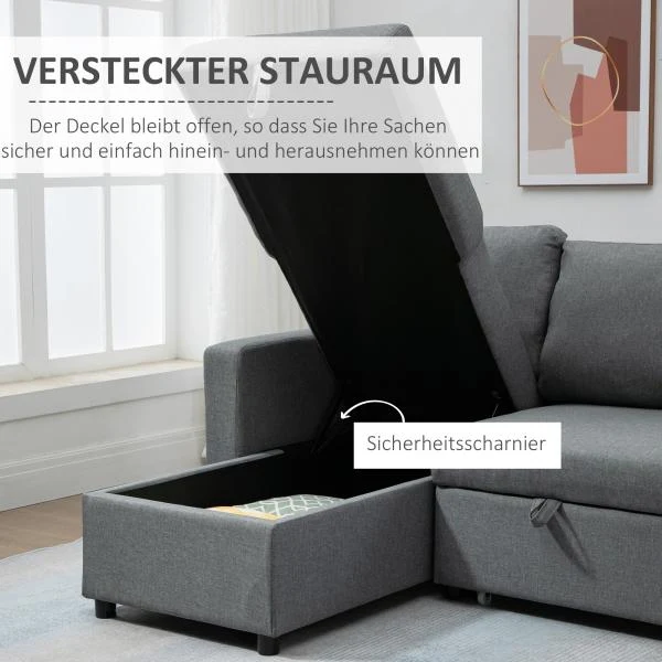 Divano angolare con funzione letto con contenitore grigio chiaro