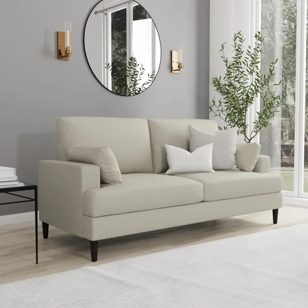 Divano Beige 3 Posti Positano con Gambe Legno e Cuscini Imbottiti 191x88x84cm