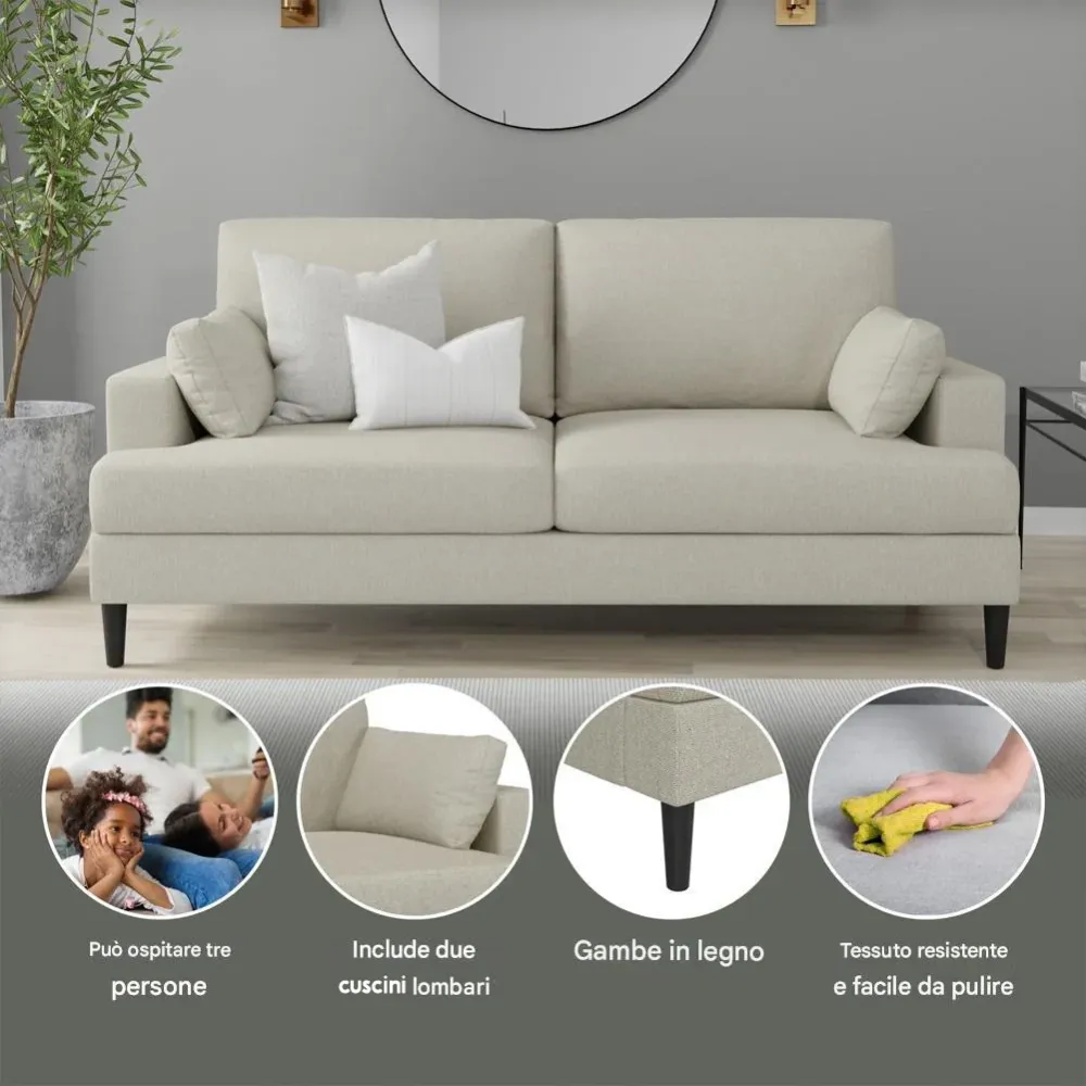 Divano Beige 3 Posti Positano con Gambe Legno e Cuscini Imbottiti 191x88x84cm