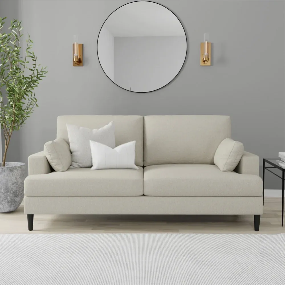 Divano Beige 3 Posti Positano con Gambe Legno e Cuscini Imbottiti 191x88x84cm