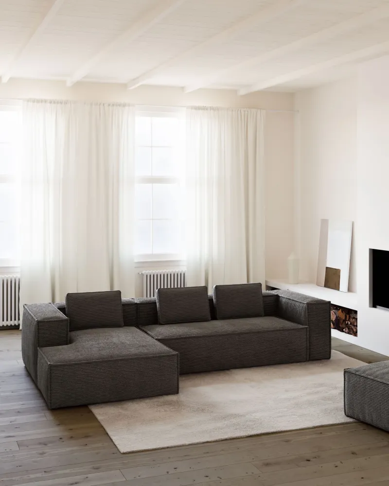 Divano Blok 4 posti con velluto coste spesso grigio e chaise longue sinistra 330 cm FSC Mix Credit