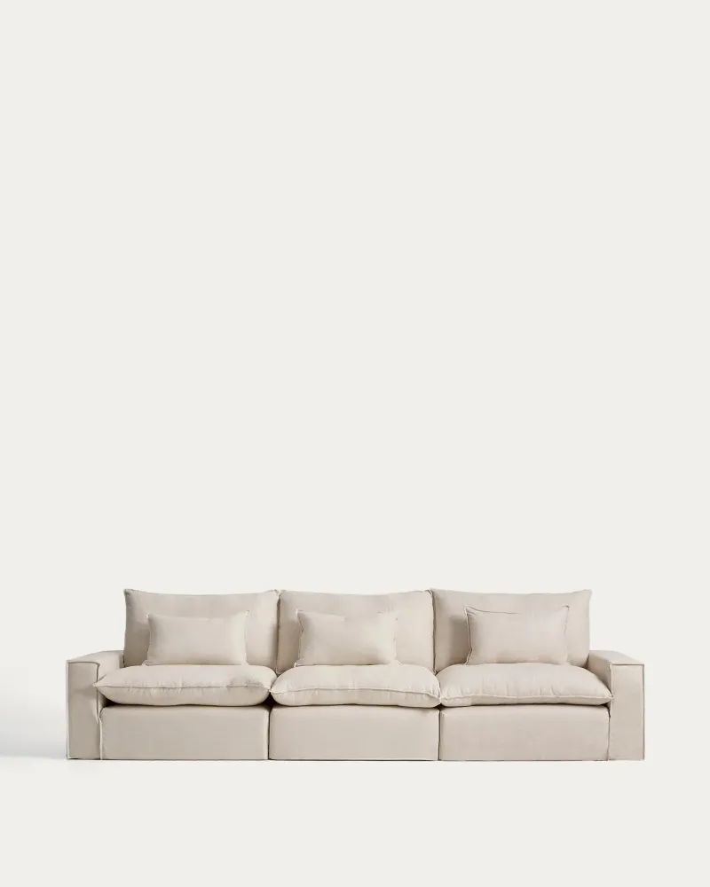 Divano componibile Anarela 5 posti sfoderabile lino e viscosa beige, 370 cm, FSC Mix Credit