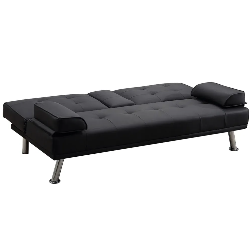 Divano Convertibile 2in1 Ecopelle Nero Cuscini e Bracciolo con Portabibite