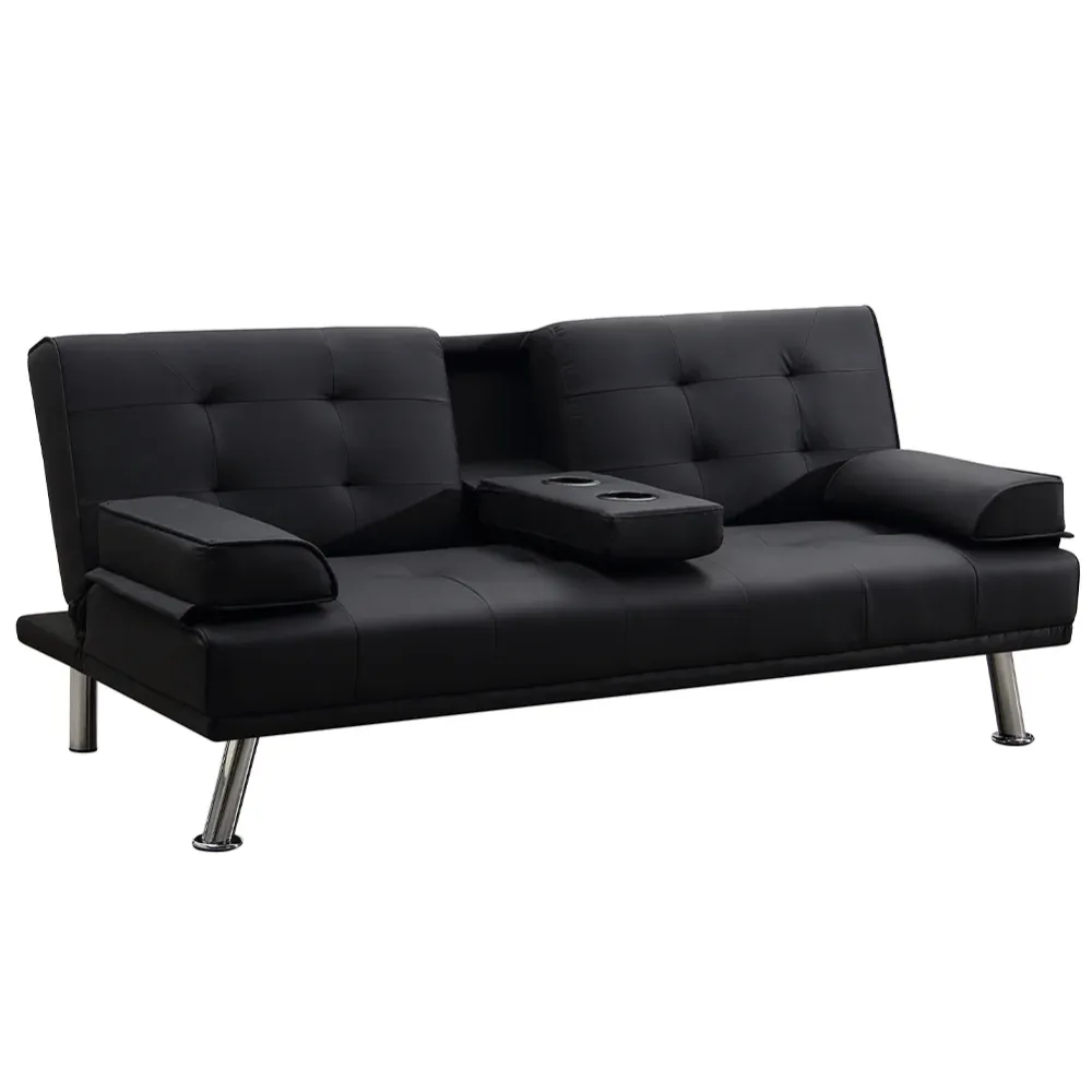 Divano Convertibile 2in1 Ecopelle Nero Cuscini e Bracciolo con Portabibite