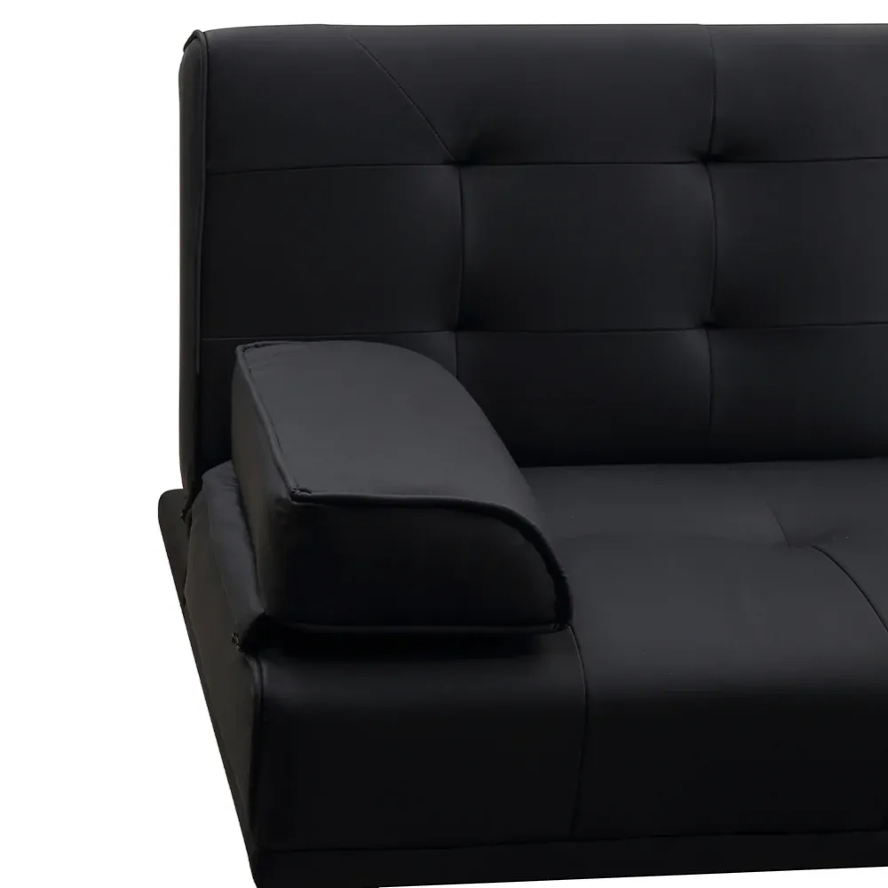 Divano Convertibile 2in1 Ecopelle Nero Cuscini e Bracciolo con Portabibite