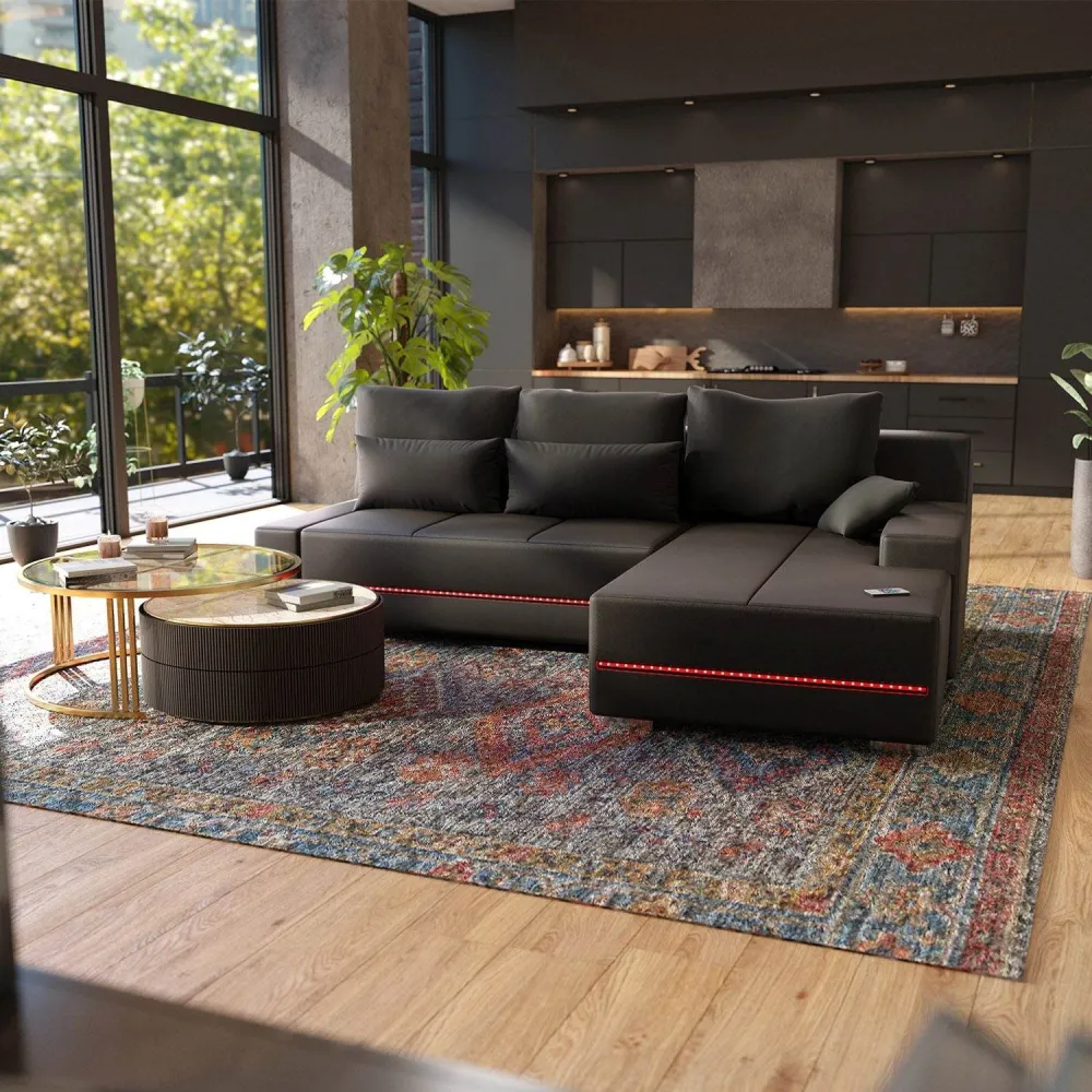 Divano Davos con LED forma di L con funzione letto - grigio scuro