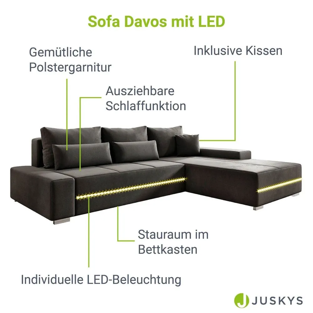 Divano Davos con LED forma di L con funzione letto - grigio scuro