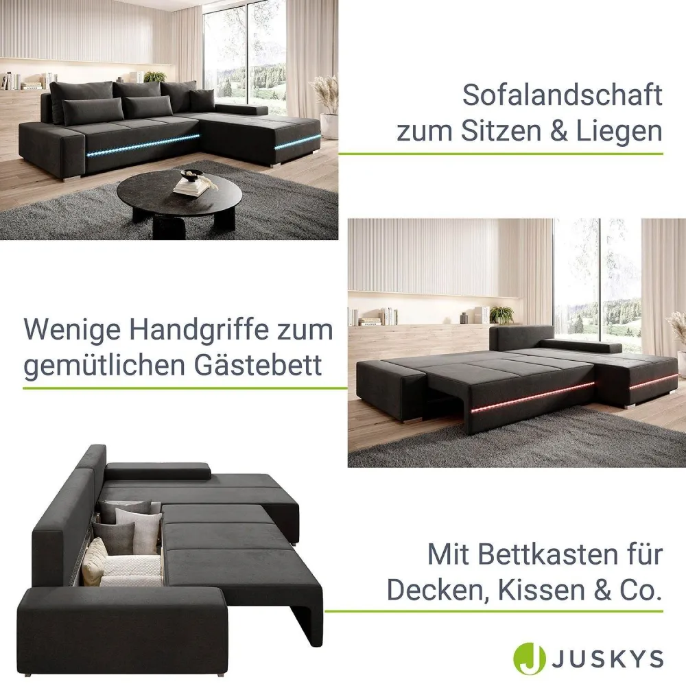 Divano Davos con LED forma di L con funzione letto - grigio scuro