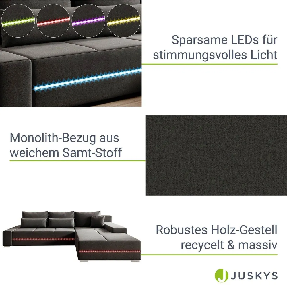 Divano Davos con LED forma di L con funzione letto - grigio scuro