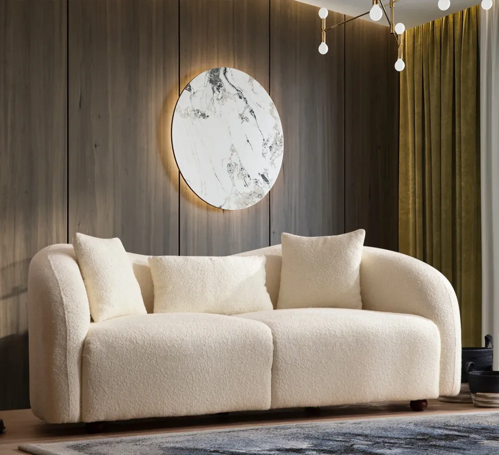Divano design 2 posti rivestito tessuto colore crema cm 190x91x76h