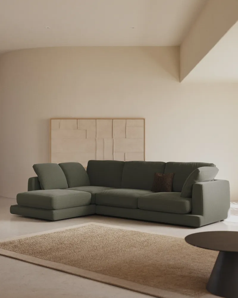 Divano Gala 4 posti con chaise longue sinistra ciniglia verde scuro FSC Mix Credit 300 cm