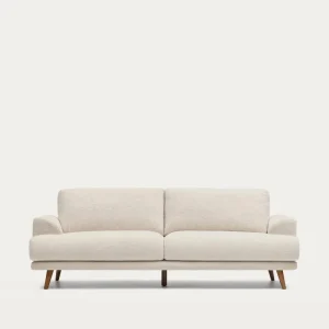 Divano Karin 3 posti beige con gambe legno massello di faggio finitura noce 231 cm