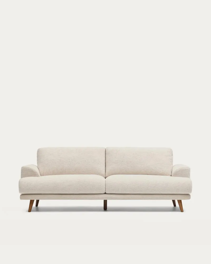 Divano Karin 3 posti beige con gambe legno massello di faggio finitura noce 231 cm