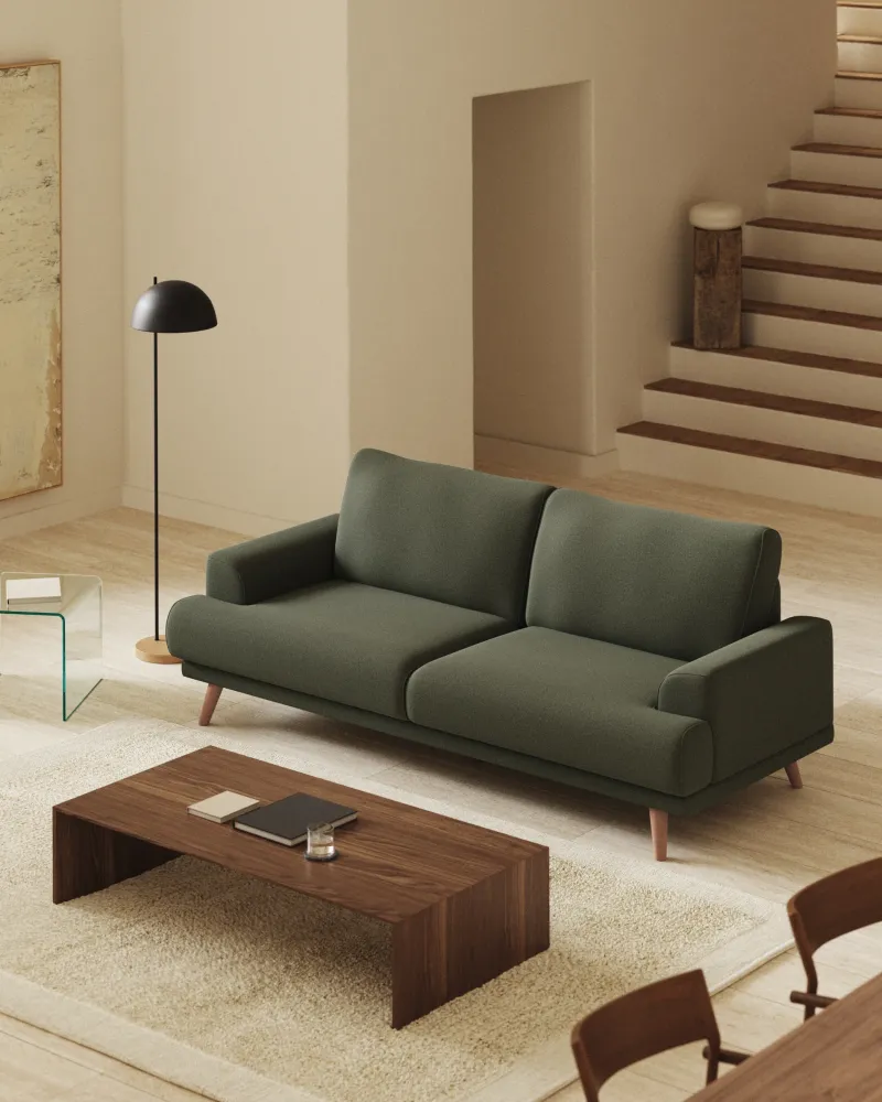 Divano Karin 2 posti ciniglia verde scuro con gambe legno massello di faggio 210 cm