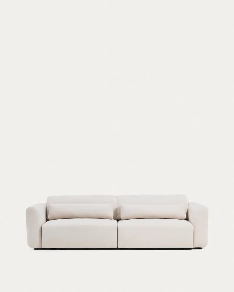 Divano Lares 4 posti con sedili allungabili elettricamente e poggiatesta regolabile ciniglia beige, cm 290