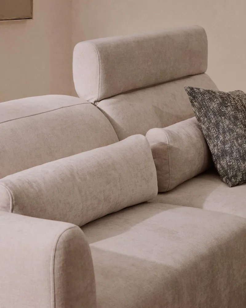 Divano Lares 4 posti con sedili allungabili elettricamente e poggiatesta regolabile ciniglia beige, cm 290