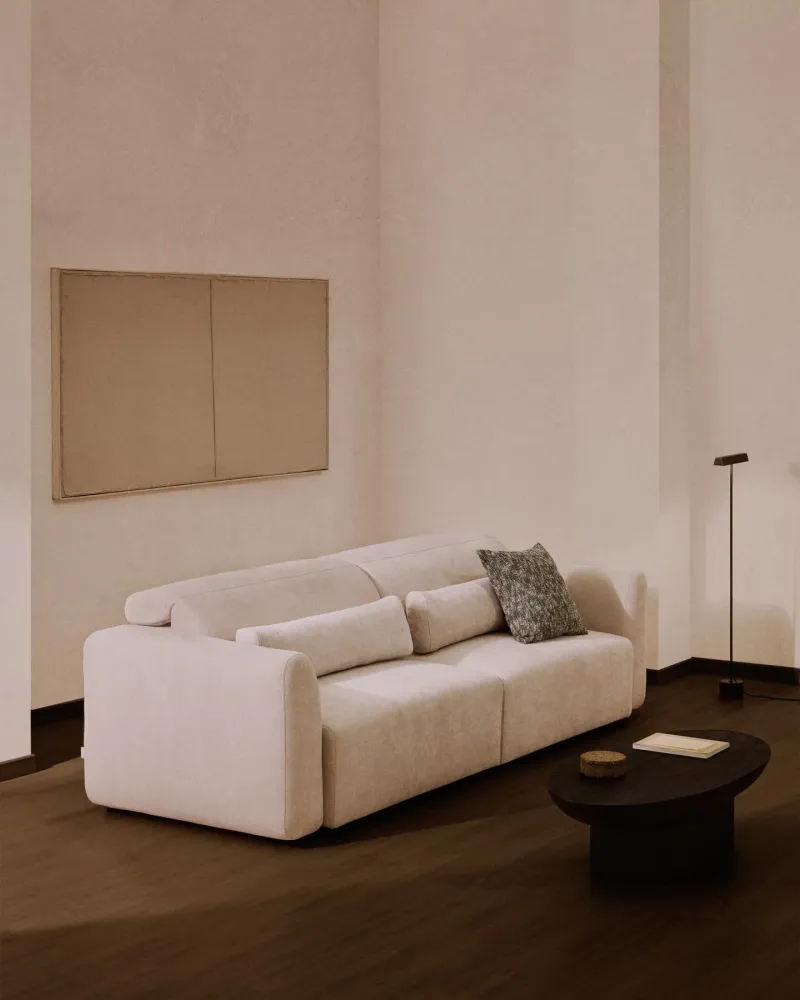 Divano Lares 4 posti con sedili allungabili elettricamente e poggiatesta regolabile ciniglia beige, cm 290