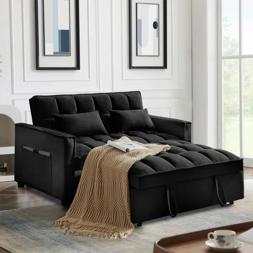 Divano Letto Apribile Reclinabile 3 Posizioni con Rivestimento Velluto Nero