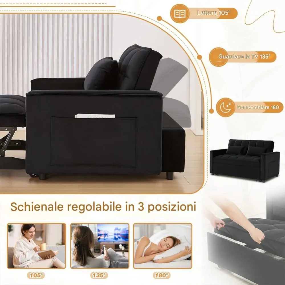 Divano Letto Apribile Reclinabile 3 Posizioni con Rivestimento Velluto Nero