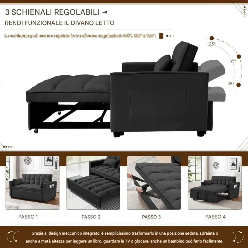 Divano Letto Apribile Reclinabile 3 Posizioni con Rivestimento Velluto Nero